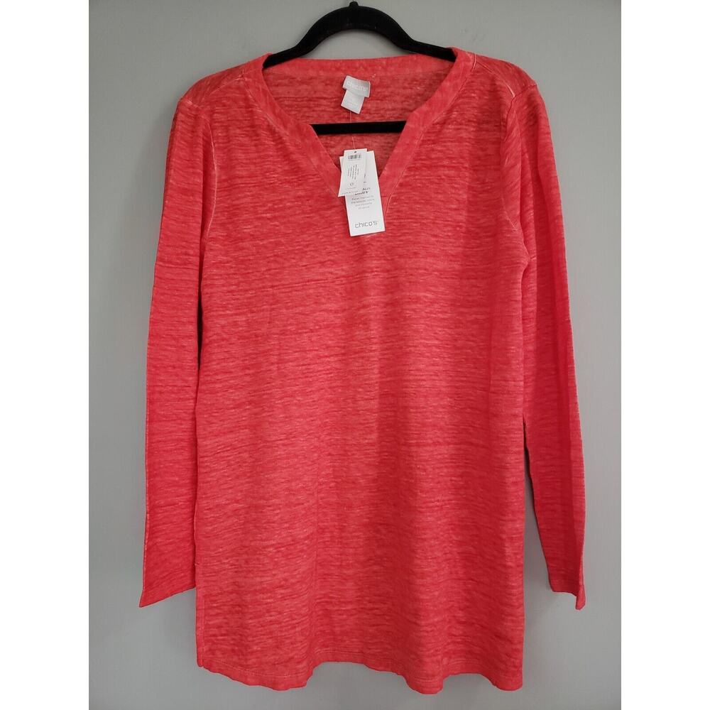 NEW - LINEN BLOUSE - Chicos Size 0 - Red‎ Heathered Lightweight Fall Long Sleeve
